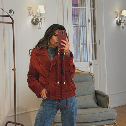 Women cropped suede leather jacket with high collar and double-breasted button placket EVA-US