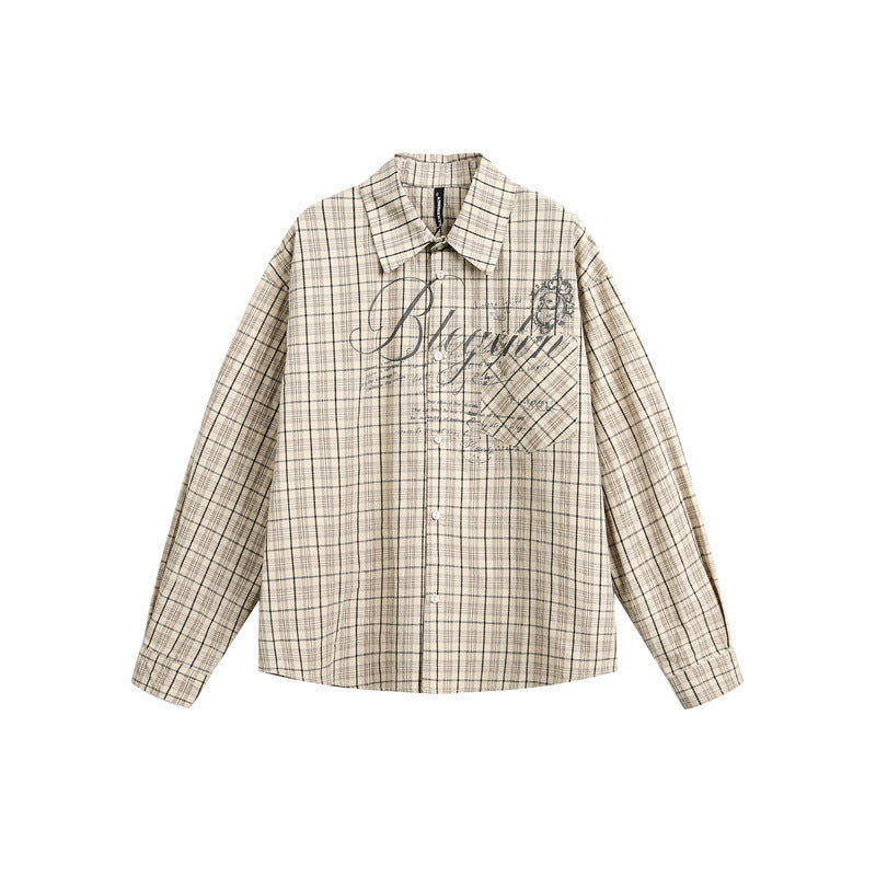 Women's Checkered Oversized Shirt Blouse with Chest Pocket and Decorative Letter Print EVA-US