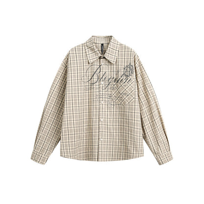Women's Checkered Oversized Shirt Blouse with Chest Pocket and Decorative Letter Print EVA-US