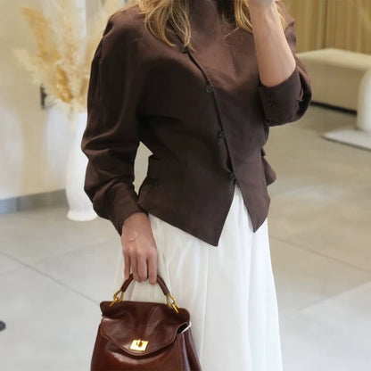 Women’s asymmetrical tailored blouse jacket made of linen with diagonal button closure EVA-US