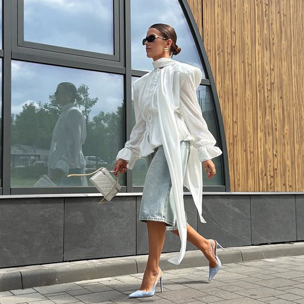Women Elegant Blouse with Tie Collar, Emphasized Shoulders and Long Ties EVA-US