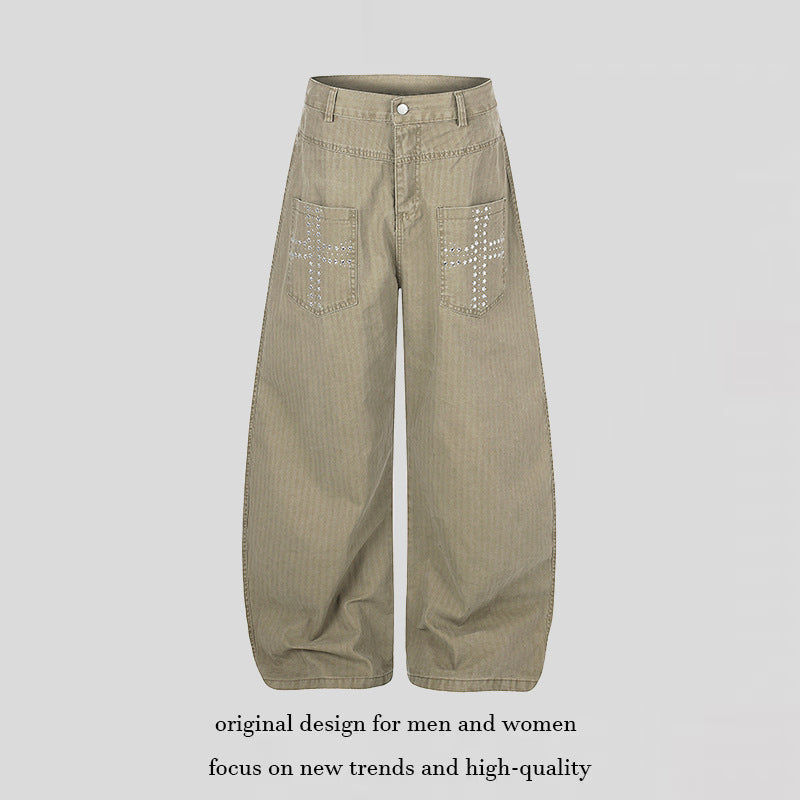 Women's Wide High-Waist Palazzo Jeans with Patch Pockets and Riveted Cross Detail EVA-US