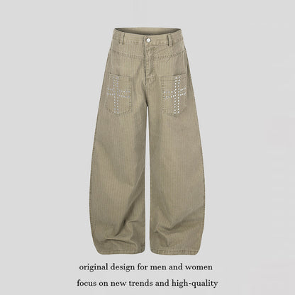Women's Wide High-Waist Palazzo Jeans with Patch Pockets and Riveted Cross Detail EVA-US