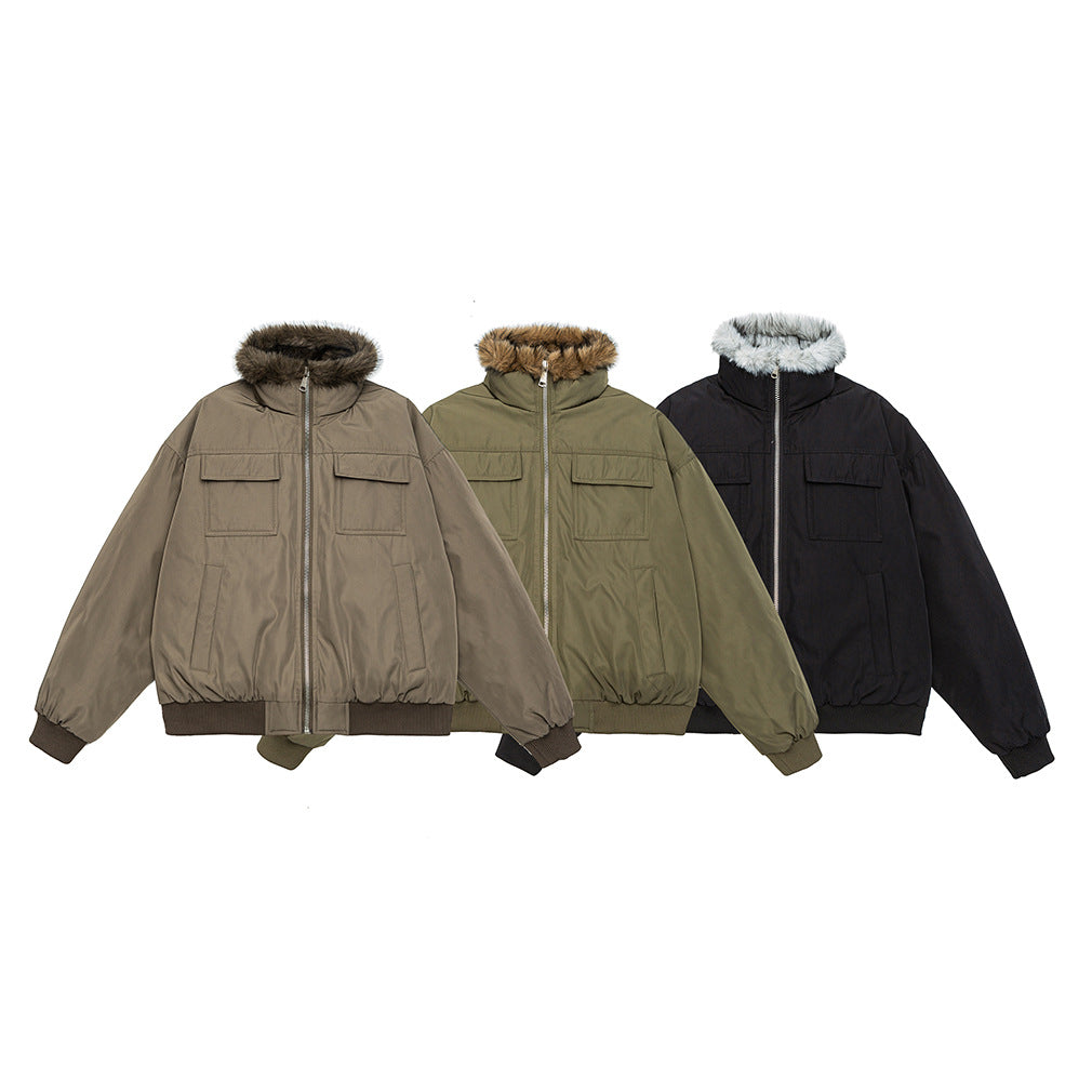 Men's Quilted Short Bomber Jacket with Removable Faux Fur Hood and Patch Front Pockets EVA-US