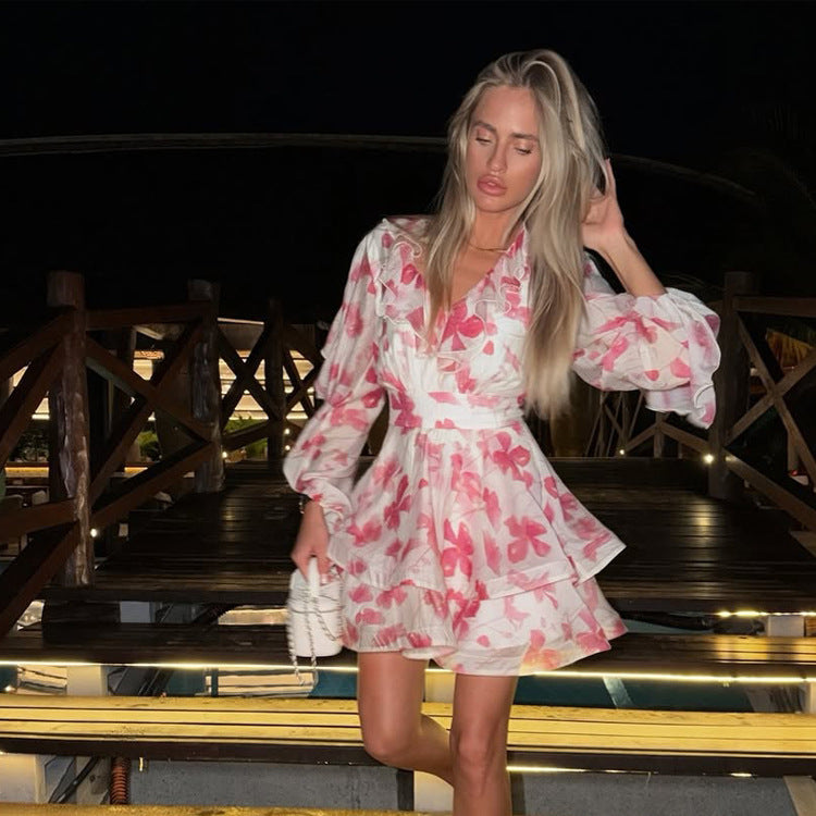 Ladies Romantic Ruffle Mini Dress with Floral Chiffon Look and Tailored Silhouette EVA-US