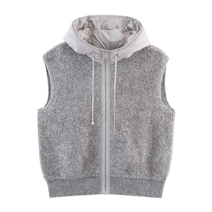 Women's Sleeveless Boucle Vest with Zipper, Padded Hood and Ribbed Hem EVA-US