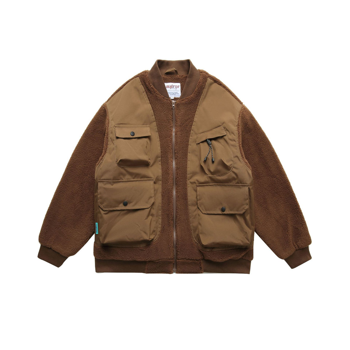 Men's Teddy Fleece Bomber Jacket with Utility Pockets and Nylon Inserts EVA-US