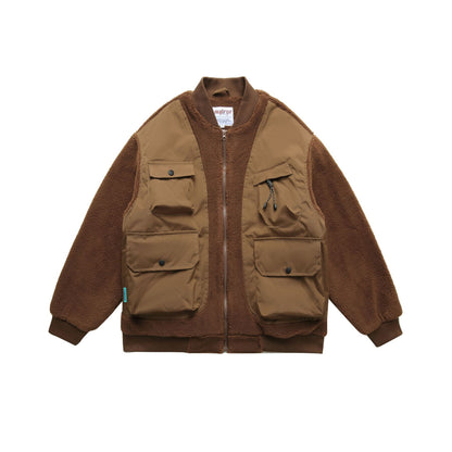 Men's Teddy Fleece Bomber Jacket with Utility Pockets and Nylon Inserts EVA-US