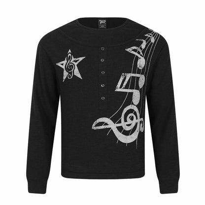 Women's long-sleeve shirt in Henley style with musical print and round neckline EVA-US