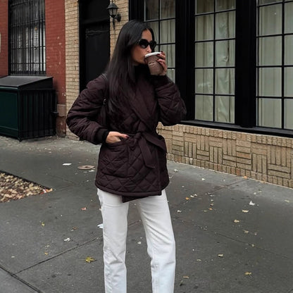 Women's quilted wrap jacket with waist tie belt and shawl collar EVA-US