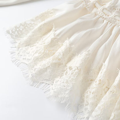 Ladies Romantic Lace Blouse with Drawstring Waist, Ruffled Hem and Balloon Sleeves EVA-US