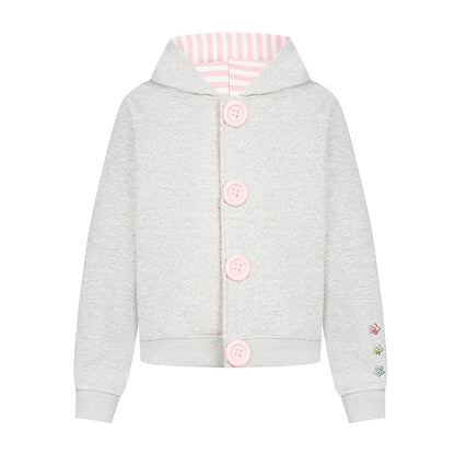 Women's hooded sweat jacket with oversized buttons, striped inner lining, and ribbed cuffs.