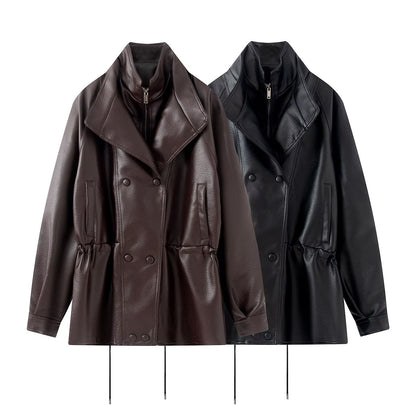 Women Oversized Double-Breasted Faux Leather Coat with Drawstring and Stand-Up Collar EVA-US