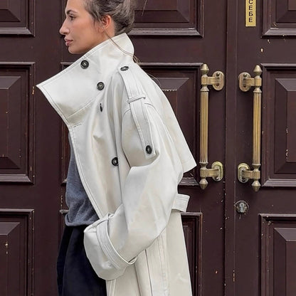 Women's waistless long trench coat in oversized cut with double button placket and shoulder flaps EVA-US
