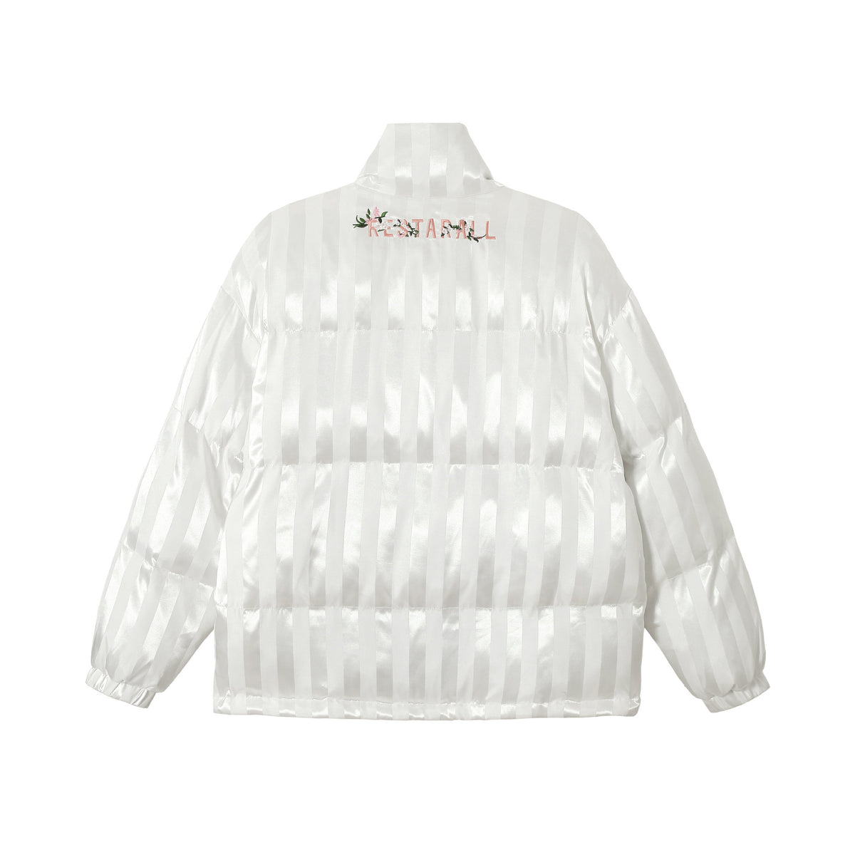 Women's Boxy Quilted Satin Puffer Jacket with Floral Embroidery Detail EVA-US