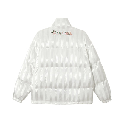 Women's Boxy Quilted Satin Puffer Jacket with Floral Embroidery Detail EVA-US
