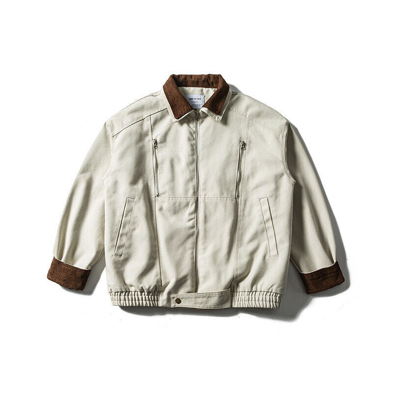 Men's Boxy Canvas Blouson Jacket with Cord Collar, Zipper Chest Pockets and Elastic Hem EVA-US