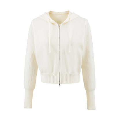 Women's Short Hooded Cardigan with Zipper and Fitted Ribbed Hem EVA-US