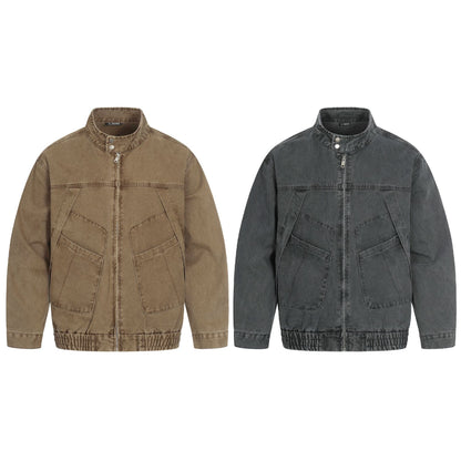 Men's short-cut field bomber in vintage canvas with stand-up collar and large flap pockets
