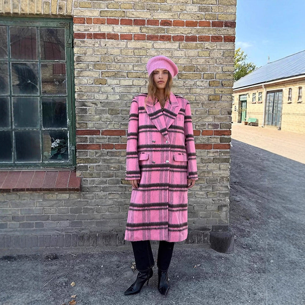 Women Mid-length checked wool blend coat with double-breasted button placket and shawl collar EVA-US