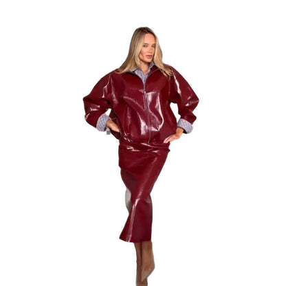 Women's Shiny Faux Leather Two-Piece with Oversized Zip Jacket and Tailored Midi Skirt EVA-US