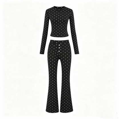 Women Two-Piece Stretch Jersey Lounge Set with Cropped Long Sleeve and High-Waist Flared Pants EVA-US