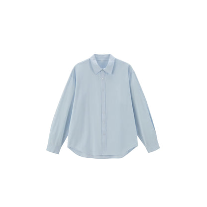 Women's Oversize Cotton Blouse with Kent Collar and Rounded Hem