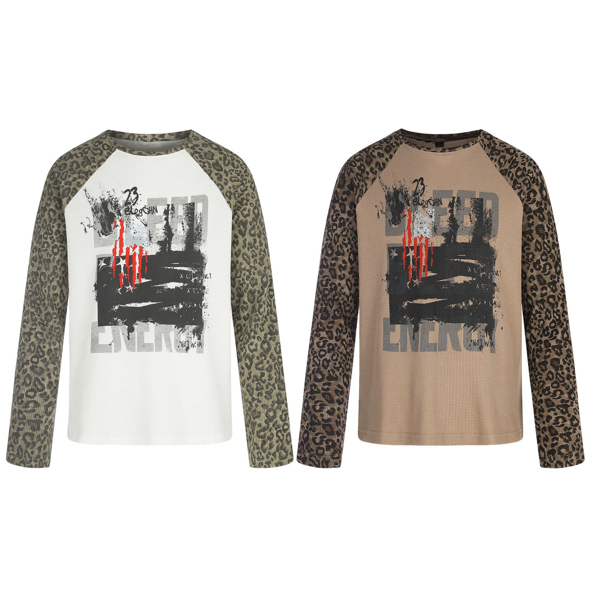 Women’s Long Sleeve Shirt in Baseball Style with Leopard Sleeves and Graphic Print EVA-US