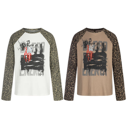 Women’s Long Sleeve Shirt in Baseball Style with Leopard Sleeves and Graphic Print EVA-US