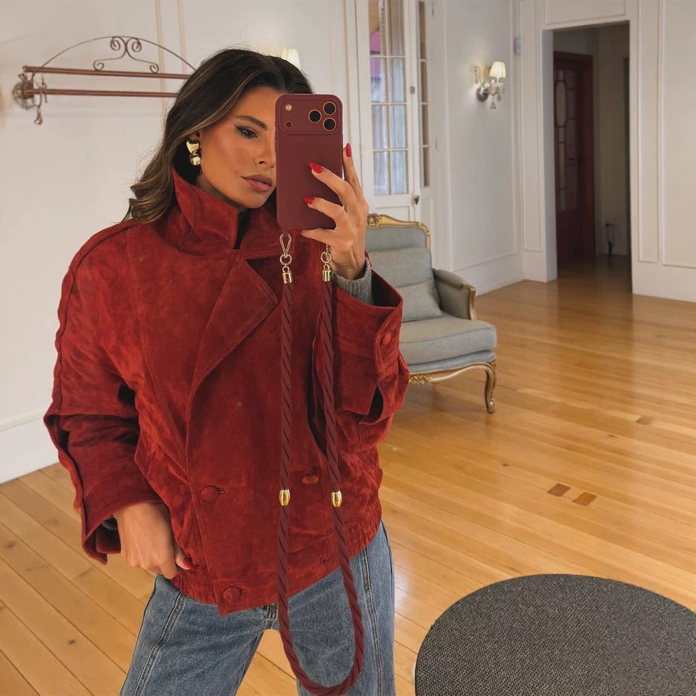 Women cropped suede leather jacket with high collar and double-breasted button placket EVA-US