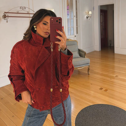 Women cropped suede leather jacket with high collar and double-breasted button placket EVA-US