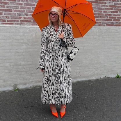Women's two-piece zebra pattern coat and mini skirt set made of textured woven fabric EVA-US