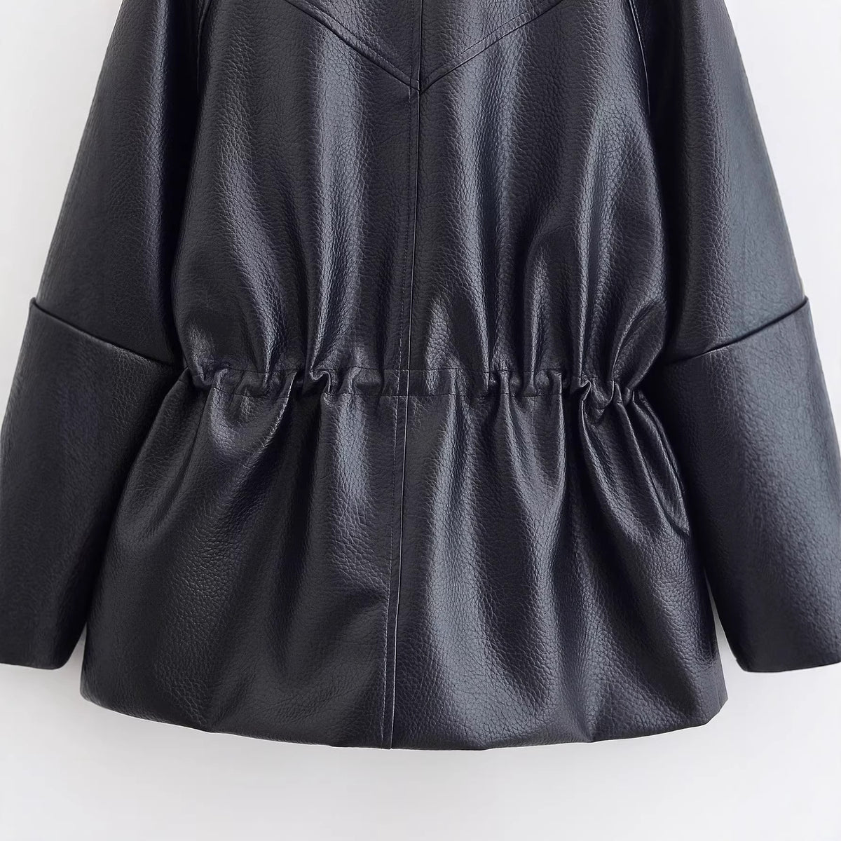Women's Oversize Faux Leather Jacket with Stand-Up Collar, Drawstring Waist and Patch Pockets EVA-US