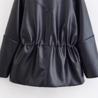 Women's Oversize Faux Leather Jacket with Stand-Up Collar, Drawstring Waist and Patch Pockets EVA-US