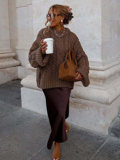 Women's Oversize Chunky Knit Sweater with Cable Knit, High Collar and Extended Sleeves EVA-US