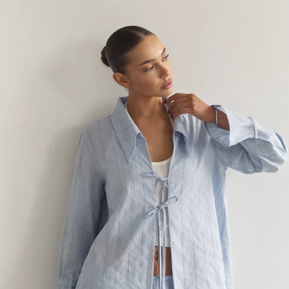 Women Loose Fitting Linen Look Blouse with Decorative Ties and Transparent Stripe Structure EVA-US