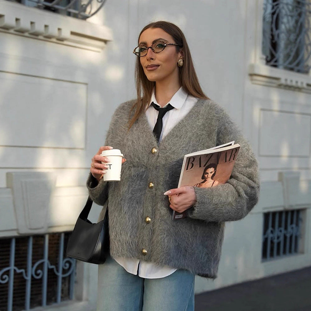 Women Fluffy Mohair-Optics Oversize Cardigan with V-Neck and Golden Decorative Buttons EVA-US