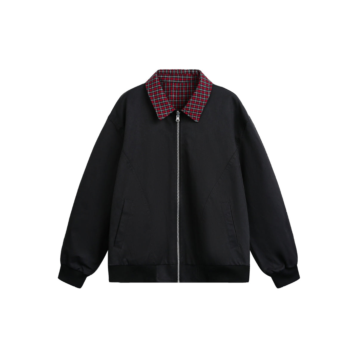 Unisex Reversible Bomber Jacket with Check Lining, Zipper and Ribbed Cuffs EVA-US