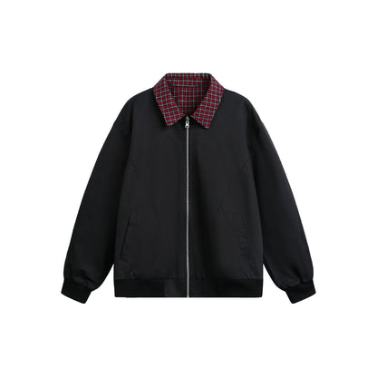 Unisex Reversible Bomber Jacket with Check Lining, Zipper and Ribbed Cuffs EVA-US