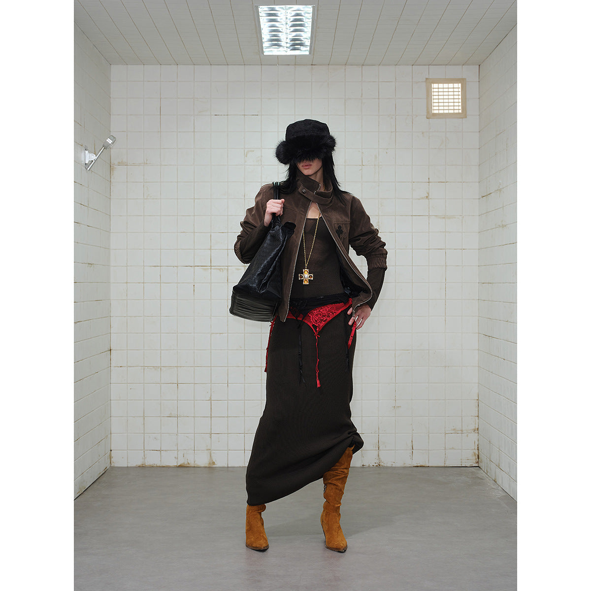 Men's short cut velour blouson jacket with funnel collar, patch pockets, and decorative cross application EVA-US