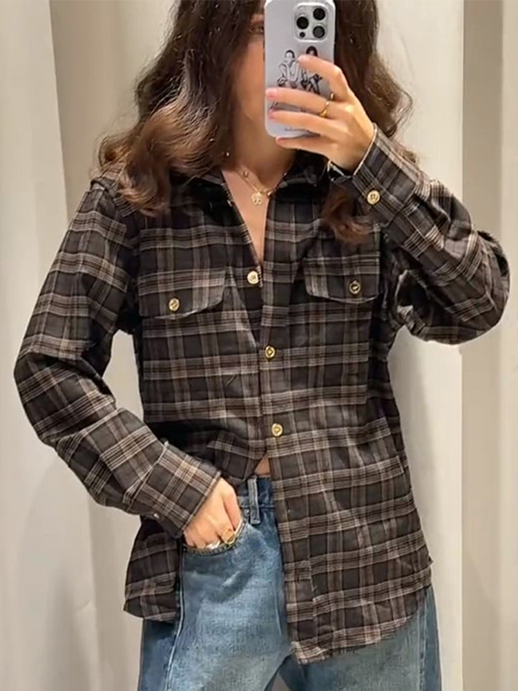 Women Checked Overshirt with Chest Pockets and Gold Press Buttons EVA-US