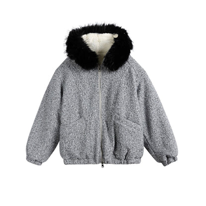 Women's Boucle Blouson Jacket with Voluminous Faux Fur Collar and Thermal Lining EVA-US