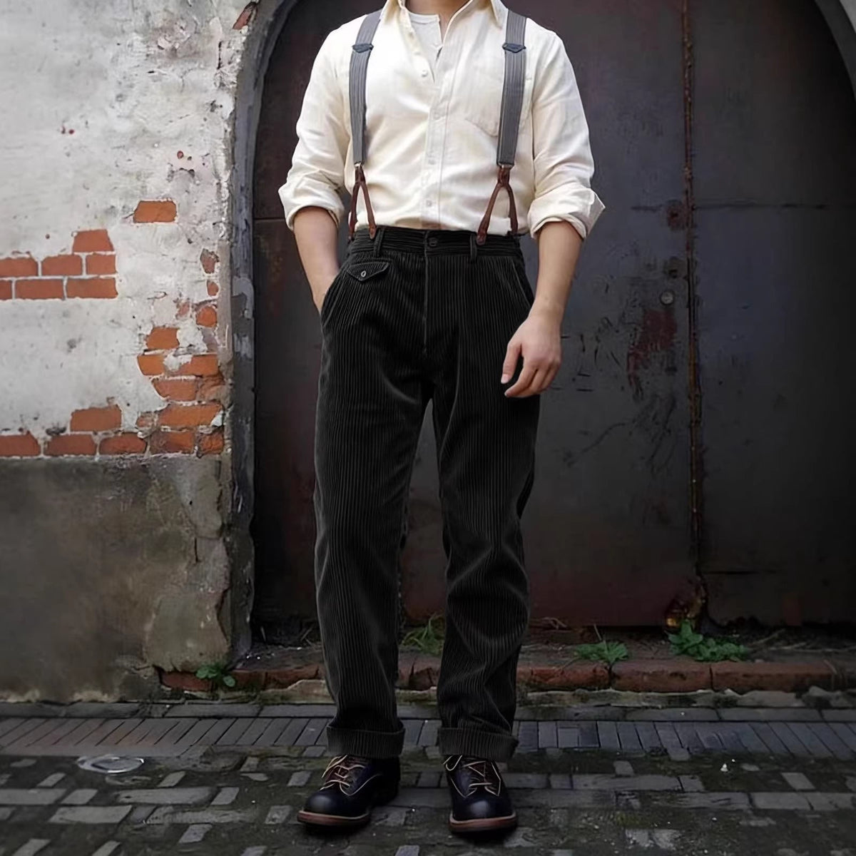Men's corduroy pants with high waist, wide cord and buttoned flap pocket EVA-US
