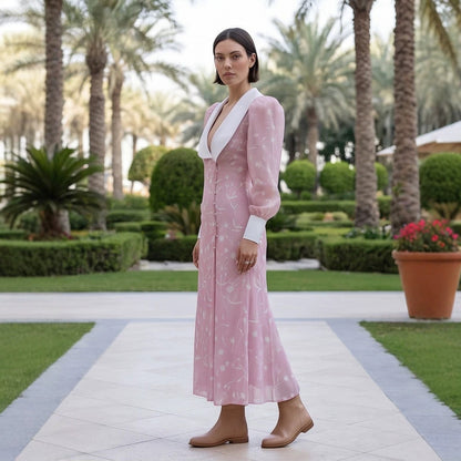 Women’s midi dress with deep shawl collar, puff sleeves and side slit EVA-US