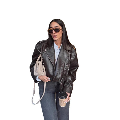 Women's Short Studded Biker Jacket Made of Faux Leather with Waist Belt EVA-US