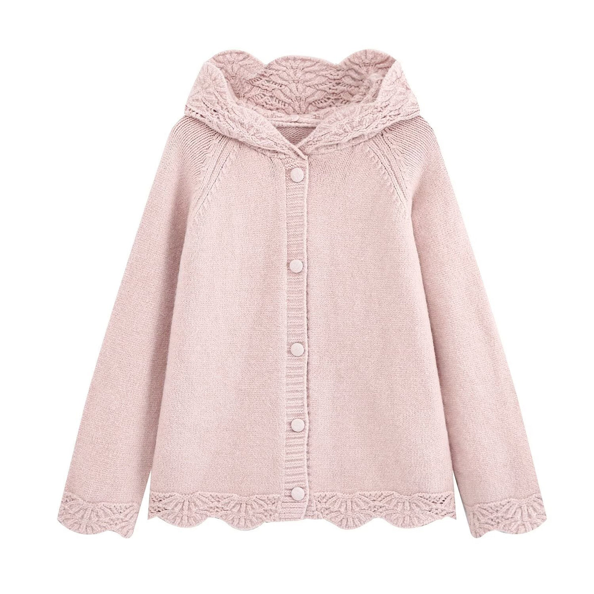 Women's fine knit cardigan with hood, button placket and crocheted trim EVA-US