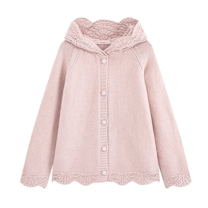 Women's fine knit cardigan with hood, button placket and crocheted trim EVA-US