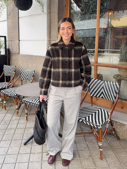 Women's short jacket in checked faux fur boxy cut with shawl collar EVA-US
