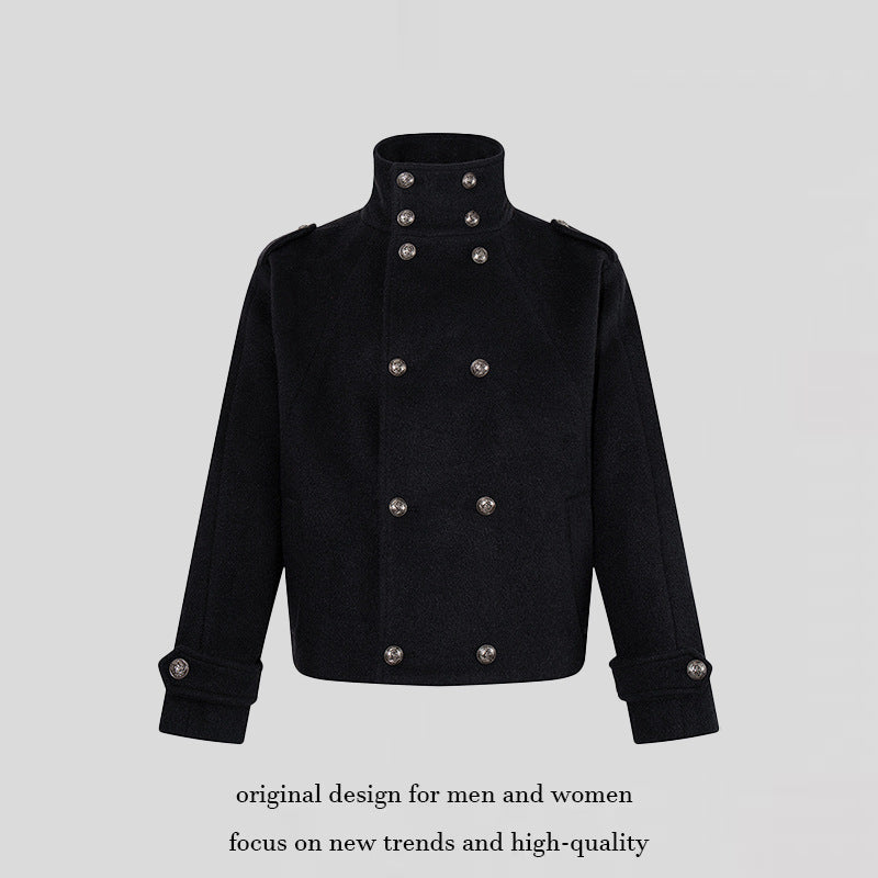 Women Short Double-Breasted Military Cab Jacket with Stand Collar and Epaulettes EVA-US