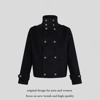 Women Short Double-Breasted Military Cab Jacket with Stand Collar and Epaulettes EVA-US